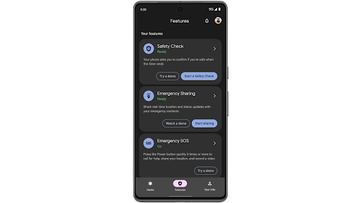 Opening the Personal Safety app on an Android phone to show that you can easily tap into Emergency Sharing and safety checks or call 911.