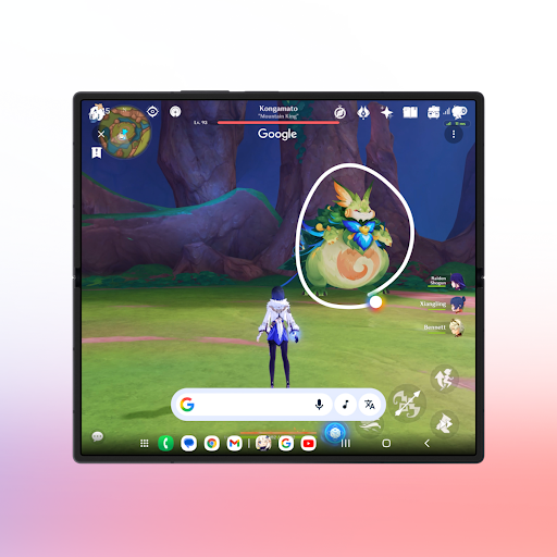 A scene from the Genshin Impact game on the Galaxy Z Fold7 is used as an example to show how the Circle to Search gaming help function works.
