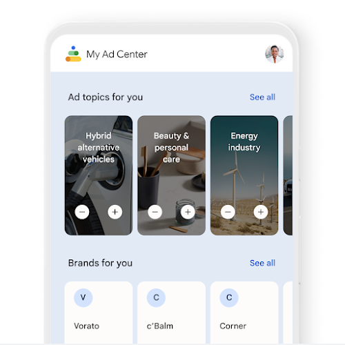 Mock of My Ad Centre hub page, with controls to customize your ad experience
