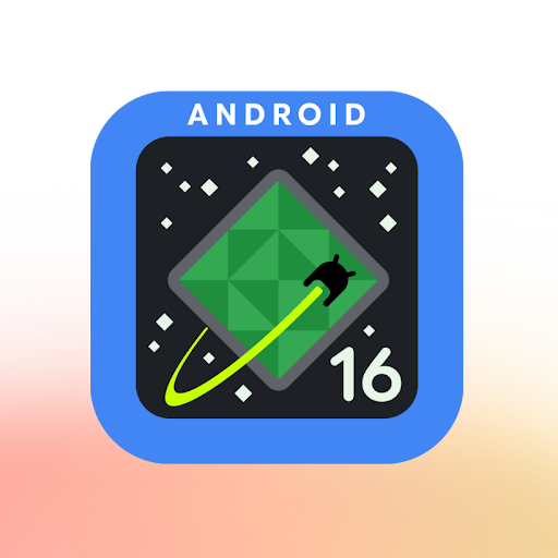 A black Android bot circles around a green square made out of several triangles. The word ‘Android’ is at the top and ‘16’ on the bottom right corner. The image has the aesthetic of a retro, space-themed game.