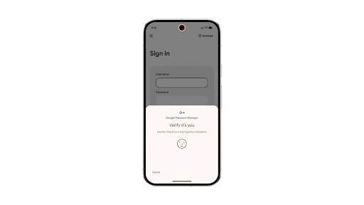 The Identity Check settings screen on an Android phone. There is a toggle to turn Identity Check on and off as well as additional information about Identity Check.