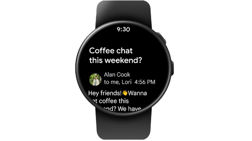 Browsing through a Gmail inbox, reading an email, then favouriting that email on a Wear OS smartwatch.