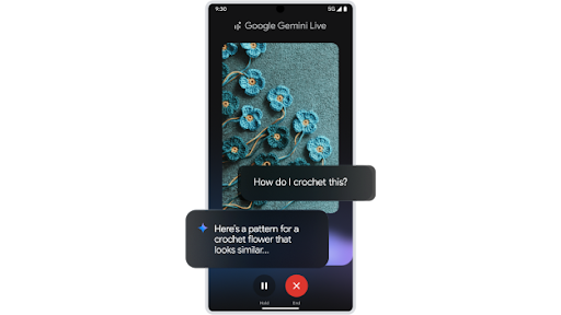 Uploading an image of crochet flowers to Gemini Live and asking “How do I crochet this?” on an Android phone.