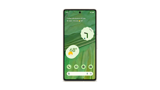 A Google Pixel 7 Pro phone with a customizable home screen.