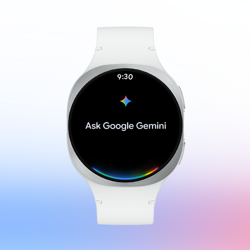 A white Galaxy Watch8 with the Gemini screen on the watch’s face.