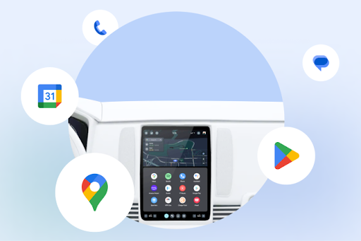 A car dashboard with a car display is inside a large circle with 5 small rounded Google app icons surrounding it.