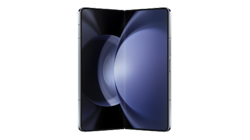 A half-folded Samsung Galaxy Z Fold5 with a colourful screen.