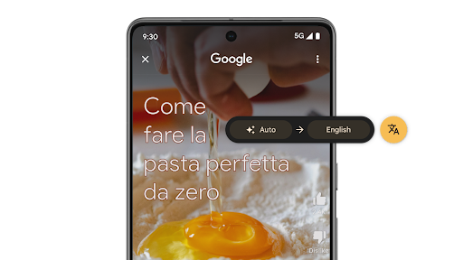 Holding down the navigation bar on an Android phone to invoke Circle to Search, then tapping the translate button to reveal an instant translation of the on-screen text.