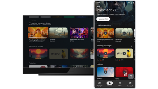 Pausing a show in Google TV on a television and picking up where it was left off in Google TV on an Android phone.