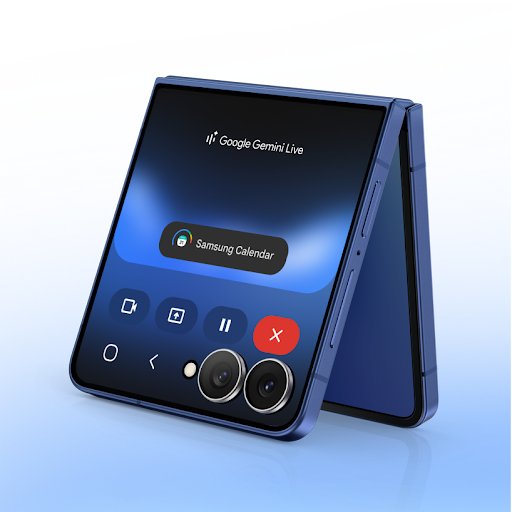 Galaxy Z Flip7 is propped up like a tripod with the screen showing how Gemini Live connects to Samsung Calendar.